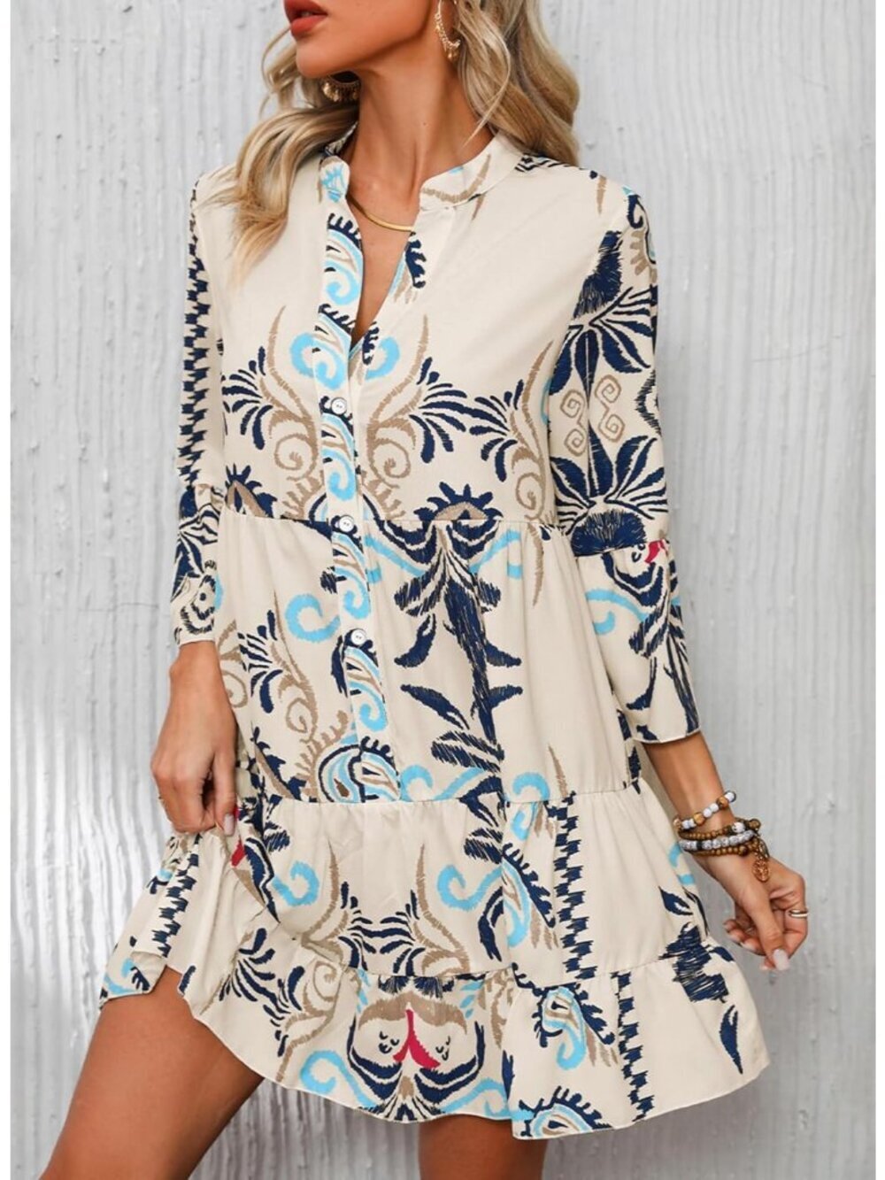 Opemiby Summer Dresses for Women  White  Flowy Ruffle 3/4 Sleeve V Neck Casual - Picture 4 of 5
